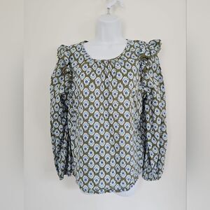 J. Crew Ruffle Shoulder Floral Long Sleeve Blouse Top Green & Blue Size Medium